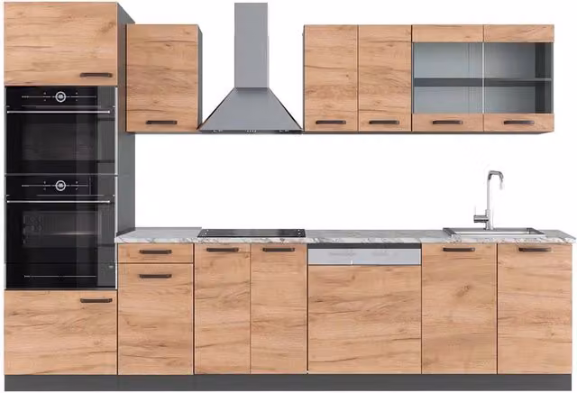 Cucina componibile moderna R-Line Vicco in rovere dorato e antracite con armadio alto e piano in marmo, L: 300 cm