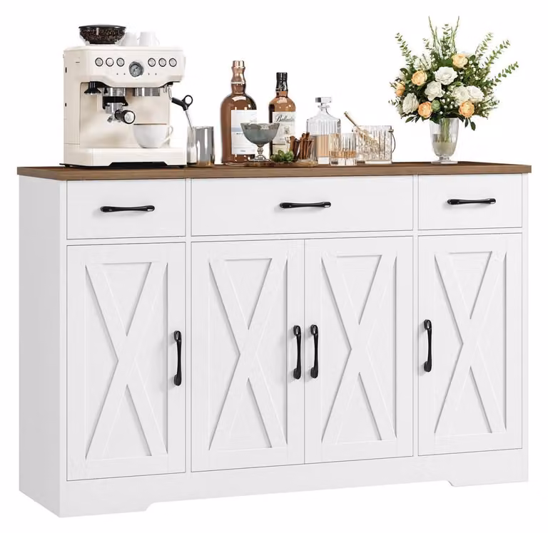 Mobile contenitore da 140 cm di larghezza, con 3 cassetti, 4 ante e 2 ripiani, disponibile nei colori bianco e marrone