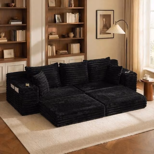Divano in tessuto corduroy nero con funzione letto; 273x98x87 cm; portata 260 kg