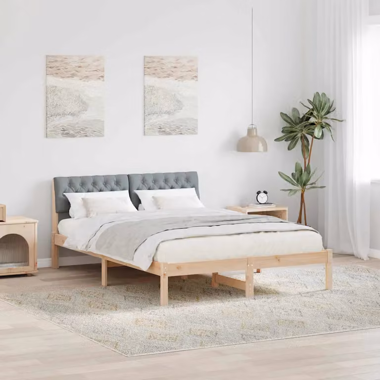 Struttura del letto moderna vidaXL in legno di pino e tessuto, marrone e grigio chiaro, L/P/H: 140 x 200 x 78,5 cm