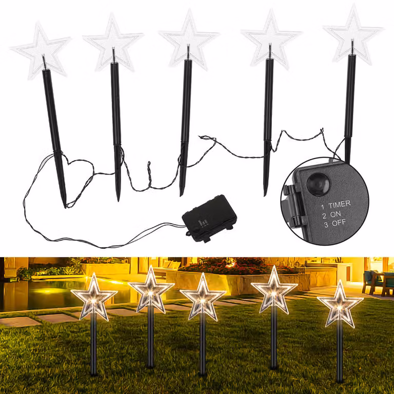 Clanmacy 5x giardino spina stella 23cm bianco caldo 6/18h timer 1,6m bastoni luminosi, luci da giardino LED stelle luci di Natale decorazione giardino esterno impermeabile, luci di Natale decorazione