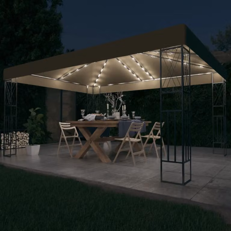 Pavillon "The Living Store" con catena di luci LED, dimensioni 3x4 metri, tessuto color tortora