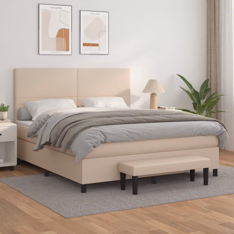 vidaXL Letto con Giroletto a Molle e Materasso Ibrido in Similpelle Cappuccino L/P/H: 160 x 200 x 128 cm