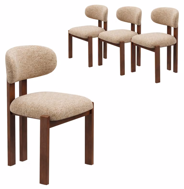 Set di 4 sedie da pranzo in tessuto chenille, struttura in legno massello color marrone, seduta confortevole, stile nordico, color cammello