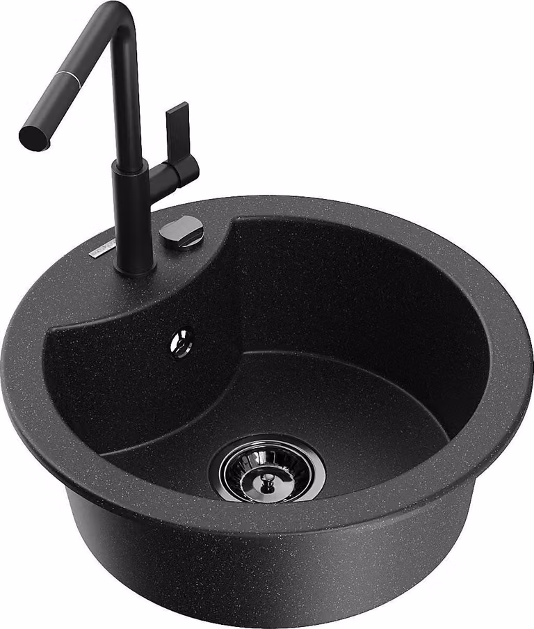 Mexen Diego lavello in granito 1-vasca con miscelatore da cucina Flora, nero/argento metallizzato - 6512-73-670401-70-B