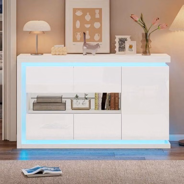 Comò moderno bianco lucido con ante in vetro e illuminazione a LED