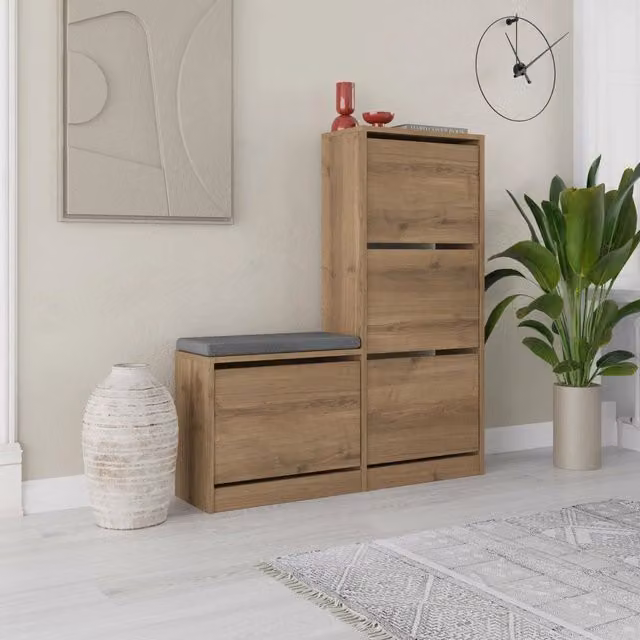 Scarpiera DMORA Velma Marrone Quercia con Seduta Integrata per 8 Paia di Scarpe L: 105 cm, P: 26 cm, H: 119 cm – 1