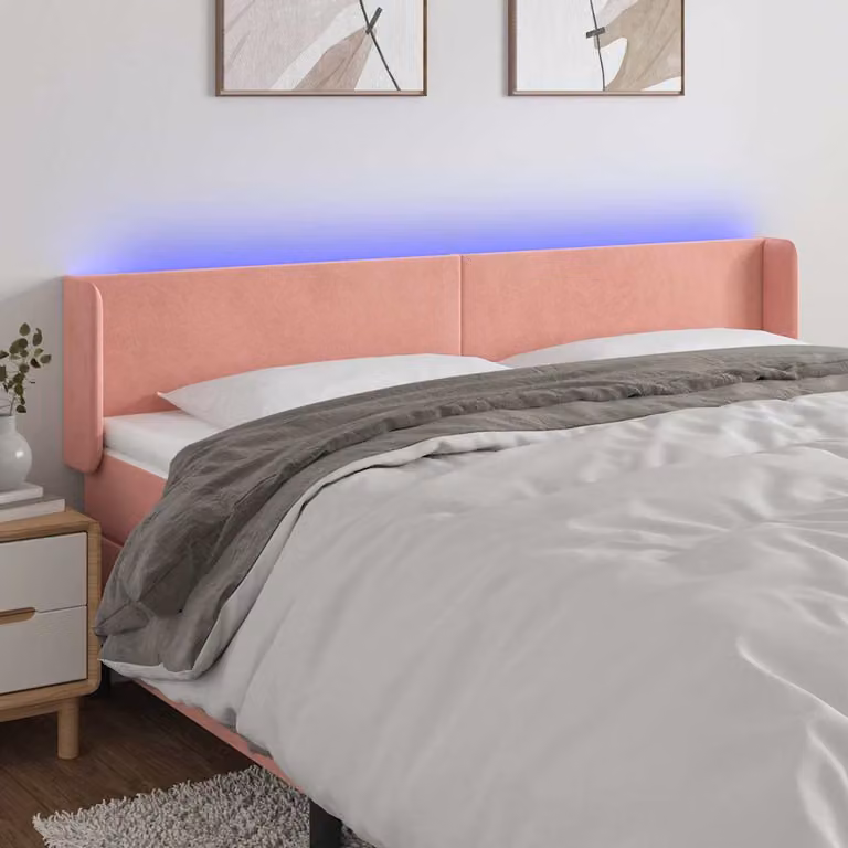 Testiera con LED e porta USB vidaXL in velluto rosa, L: 163 cm, P: 16 cm, H: 78-88 cm