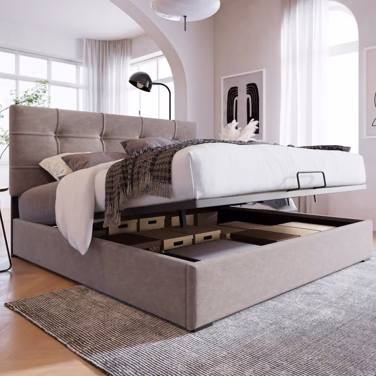 Letto Merax a molle idrauliche 140x200cm letto imbottito con rete e testiera regolabile, rete a doghe in metallo, letto matrimoniale in legno di pino letto funzionale in velluto, grigio chiaro