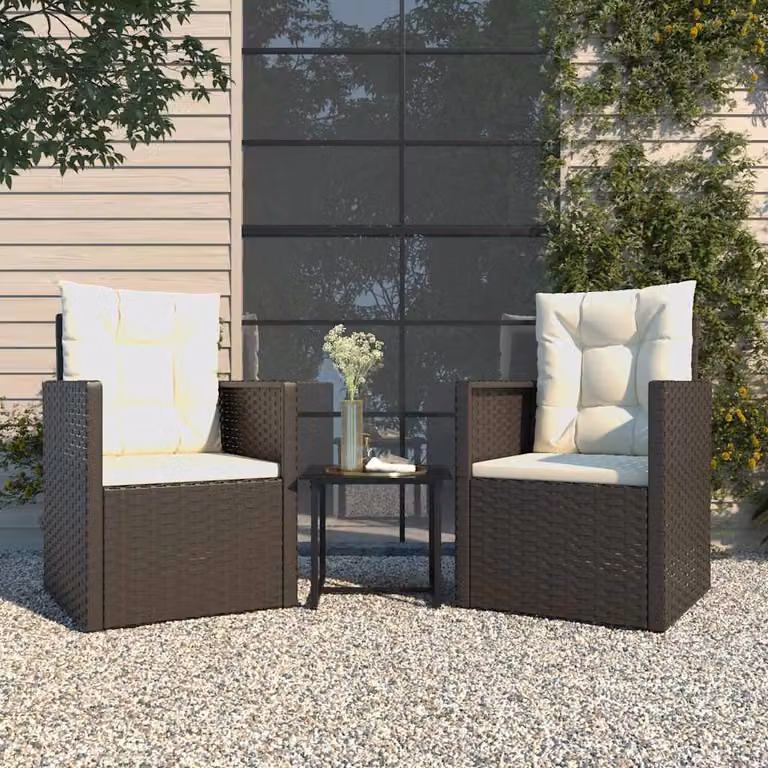 Set da giardino moderno vidaXL composto da 3 pezzi in polyrattan con cuscini inclusi, ideale per terrazzo o giardino, colore nero e bianco