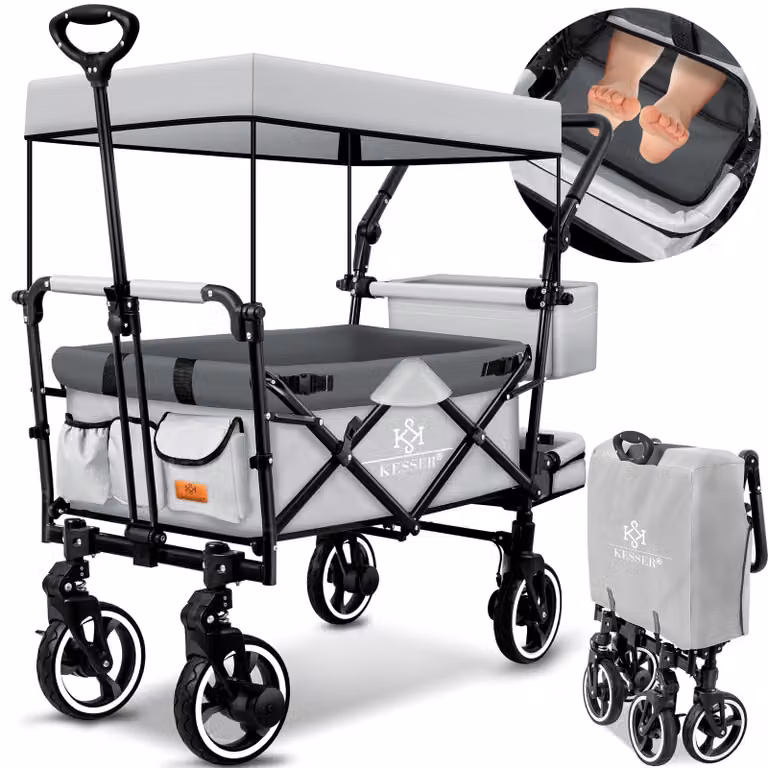 Carretto pieghevole KESSER® GTS-9100 con tettuccio, carrello da trasporto pieghevole con portata fino a 150 kg, ruote in gomma dura e freni di stazionamento anteriori e posteriori; include lucchetto, copertura, protezione dalle intemperie e visiera paraso