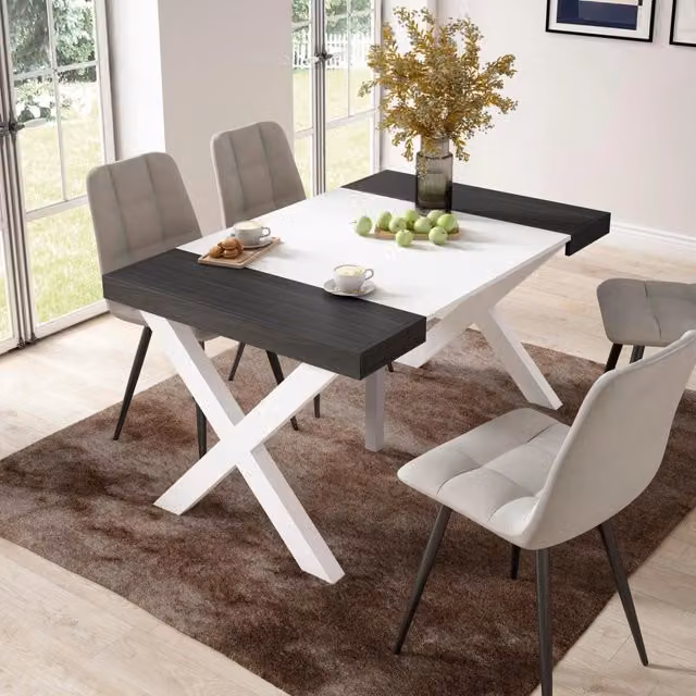 Consolle allungabile Skraut Home per 6 persone, gambe in legno, bianco e nero, L: 58-140 cm, P: 90 cm, H: 73 cm
