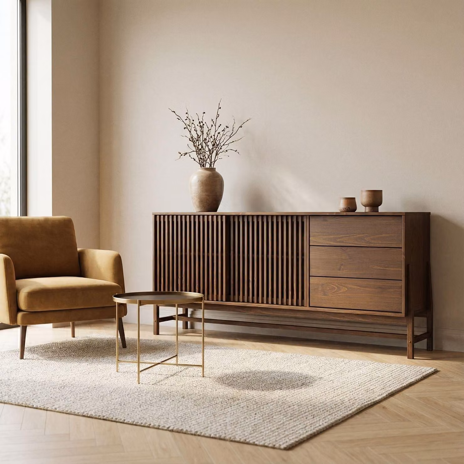 Credenza ADAMO 175 cm in legno massello, finitura noce - Comò con 2 ante scorrevoli a lamelle e 3 cassetti, mobili da soggiorno con ampio spazio contenitivo, credenza con ripiano regolabile