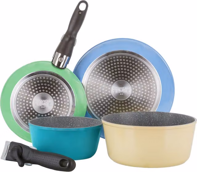 Set di batterie da cucina Kasanova Young da 4 pezzi con 2 manici staccabili, antiaderente, in alluminio, multicolore