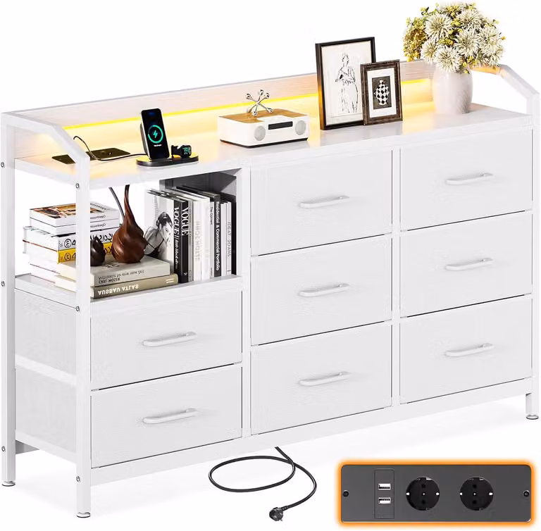 Comò a cassetti, cassettiera con striscia luminosa a LED con 10 colori regolabili, 2 prese USB e 2 prese di corrente, 8 cassetti rivestiti in tessuto