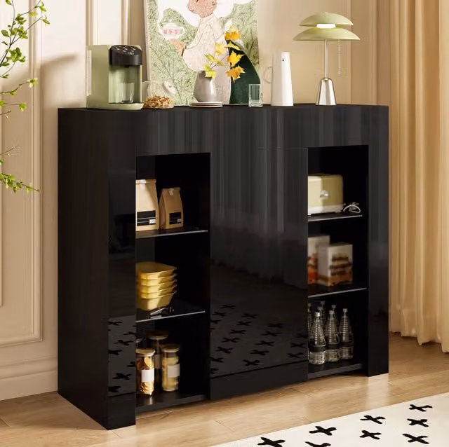 Buffet moderno MODFU nero opaco con ripiani in vetro trasparente L/P/H: 95 x 35 x 83 cm – 1