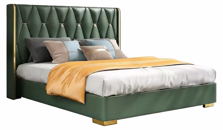 Letto matrimoniale imbottito, verde, moderno, elegante, raffinato