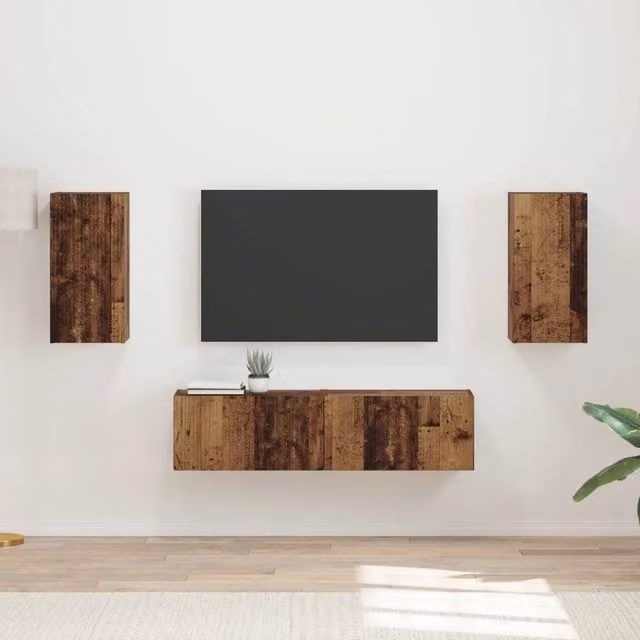 Set mobile TV 4 pezzi in legno vecchio marrone per soggiorno in stile rustico L: 60,0 cm, P: 31,0 cm, H: 29,5 cm – 1