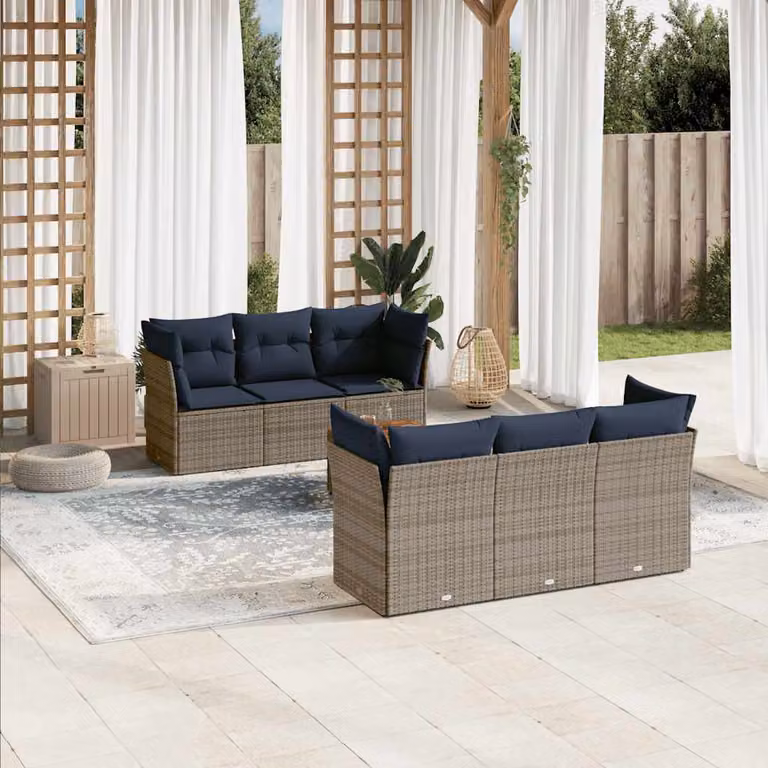Set di divani da giardino vidaXL in polyrattan 7 pezzi con cuscini grigi e tavolino da esterno a forma di L