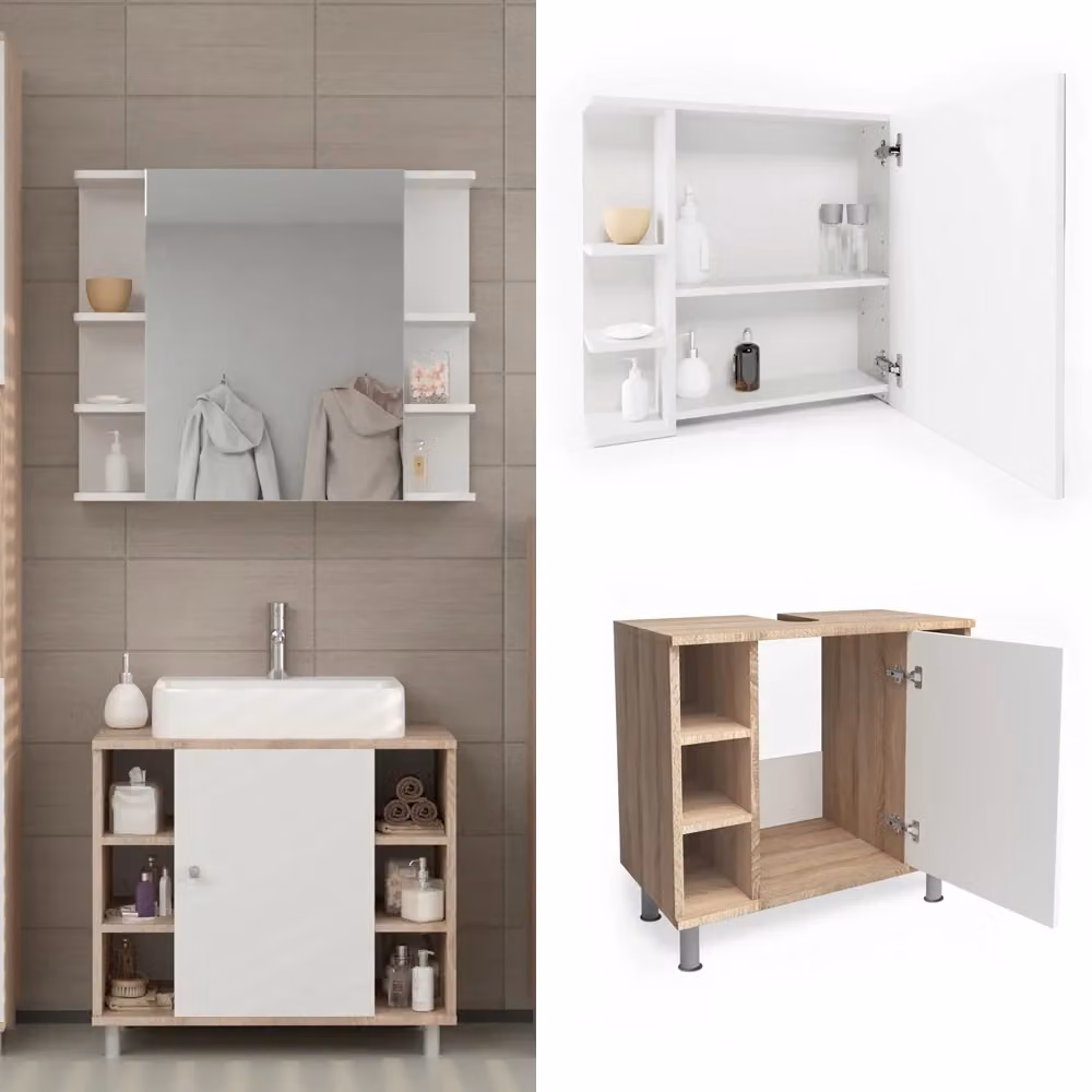Set mobili bagno Vicco Fynn in finitura Sonoma, composto da mobile lavabo e pensile specchio, colore beige e bianco – 2