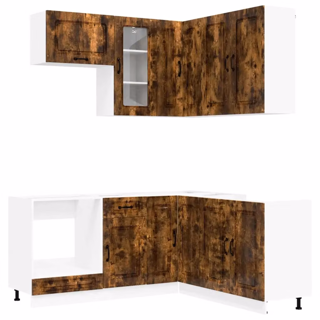 Unità Cucina Moderna KALMAR vidaXL in Rovere Fumo con Ante in Vetro e Legno, 8 Pezzi, Marrone – 2