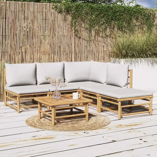 Set Salotto da Giardino 6pz con Cuscini Grigio Chiaro Bambù 3155103