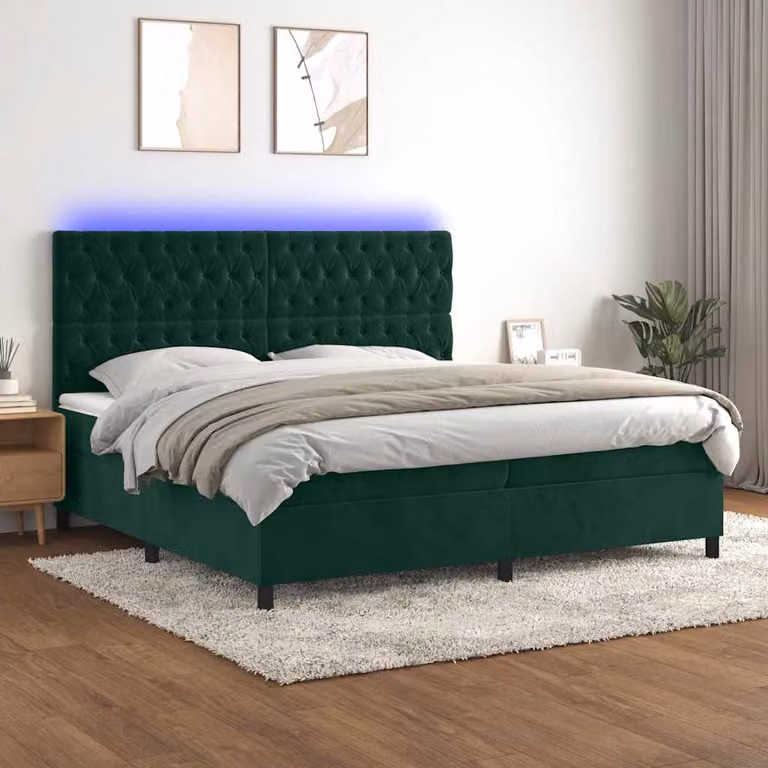 Letto Ibrido con Materasso e LED vidaXL in Velluto Verde Scuro L: 200 cm, P: 200 cm, H: 203 cm