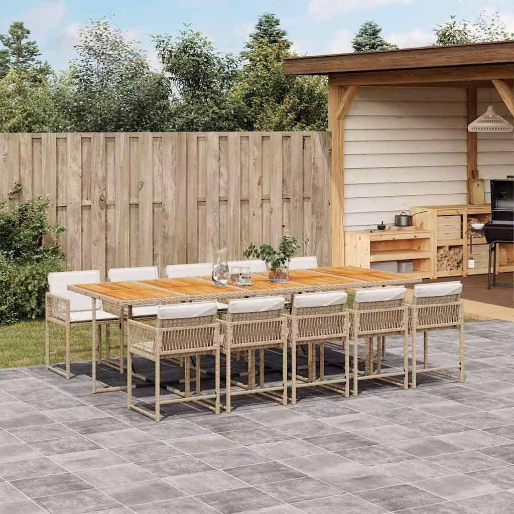 Set da pranzo da giardino vidaXL in polyrattan con cuscini beige e legno di acacia, 11 pezzi