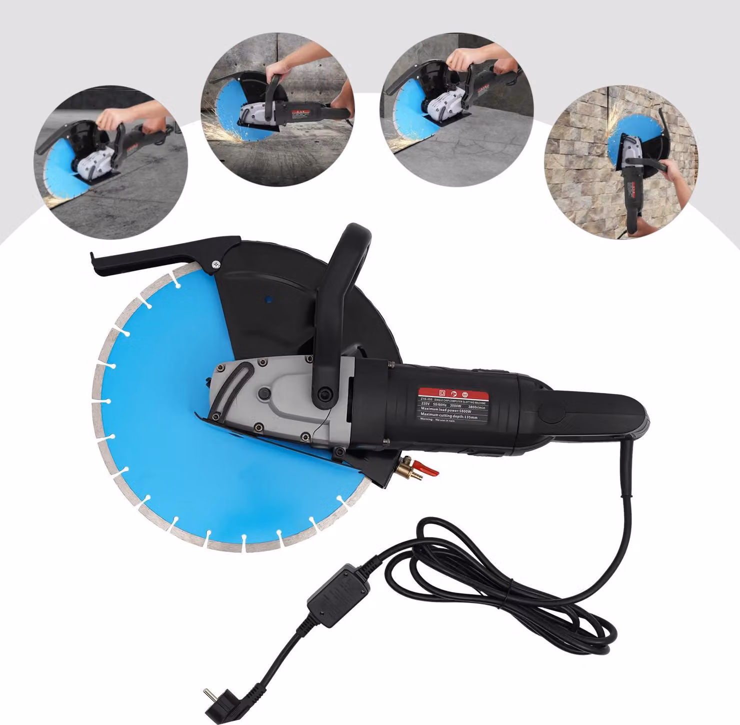 Fresa elettrica per calcestruzzo, 14 pollici, 5800 W, disco da 355 mm, profondità di taglio 100 mm, con pompa dell'acqua, blu