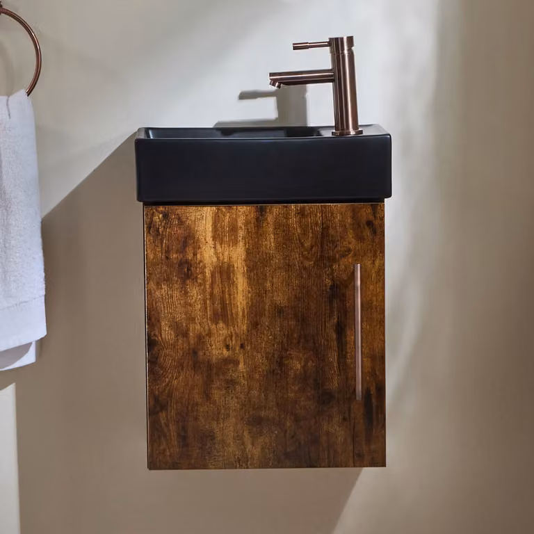 Mobile Bagno Rovere Scuro Sospeso da 400mm con Lavabo Nero e Maniglia con Barra a T in Bronzo Spazzolato - Cluo