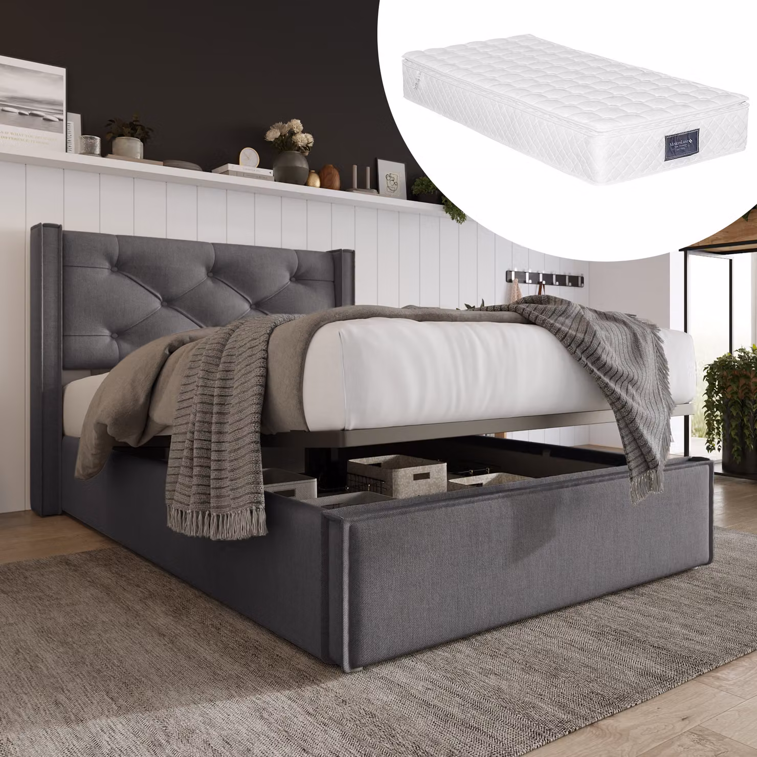 Letto funzionale Flieks con contenitore, letto imbottito idraulico letto singolo 90x200cm con materasso, rete a doghe e giroletto, grigio scuro