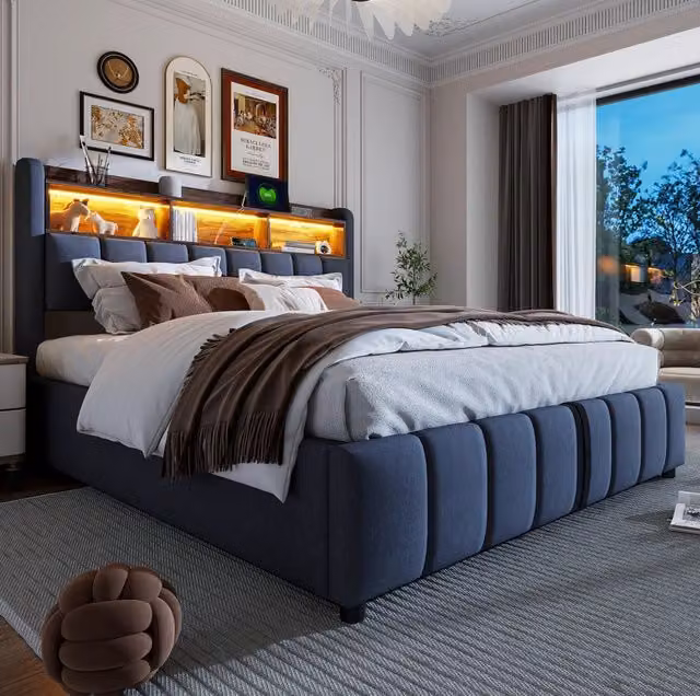 Letto imbottito 180x200 cm con LED; contenitore; USB e Type-C; grigio