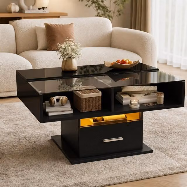 Tavolino da salotto quadrato MODFU nero con piano in vetro e meccanismo sollevabile L/P/H: 78 x 78 x 59,5 cm – 1