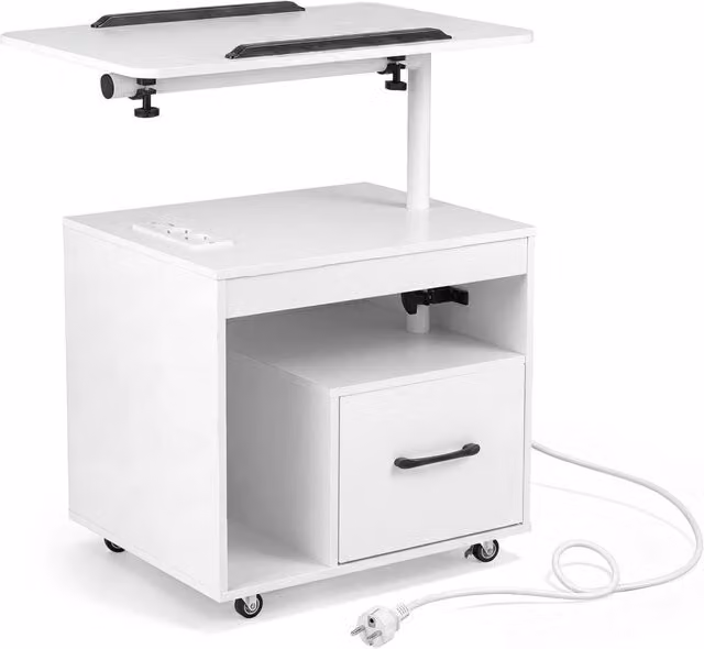 Comodino moderno bianco con luci LED integrate, piano girevole e ribaltabile, cassetto e stazione di ricarica, L/P/H: 40 x 60 x 74 cm