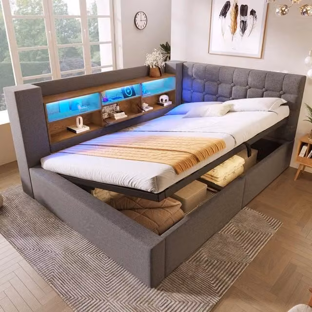 Letto Imbottito Contenitore 140x200 con LED ¨C MINIMAL ¨C Grigio, Tessuto, Testiera L, Idraulico, Doghe