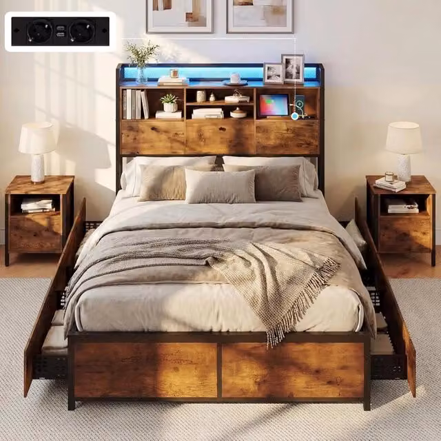 Struttura Letto con Testiera, Letto con 4 Cassetti e Doghe Robuste in Metallo, Letto a Piattaforma con Prese, Silenzioso, Carico Massimo 300kg (140 x 200cm)
