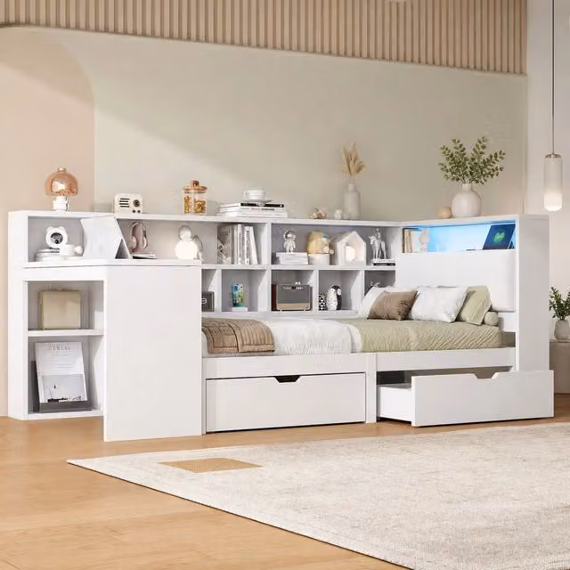 Letto singolo 90x200 a L con scrivania, libreria, LED e cassetti bianco