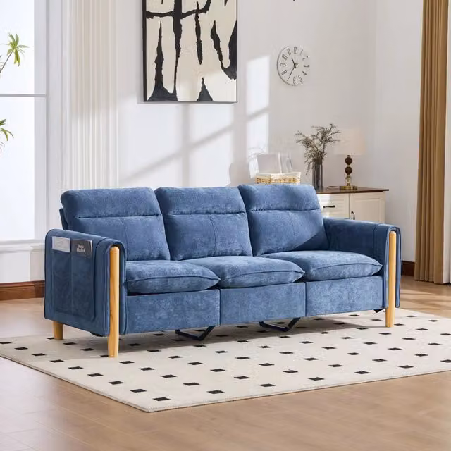 Divano angolare MIVRAY a 3 posti in tessuto blu con chaise longue reversibile e pouf coordinato in stile scandinavo