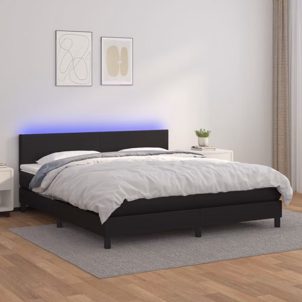 The Living Store Letto a molle con materasso e LED nero 160x200 cm in ecopelle