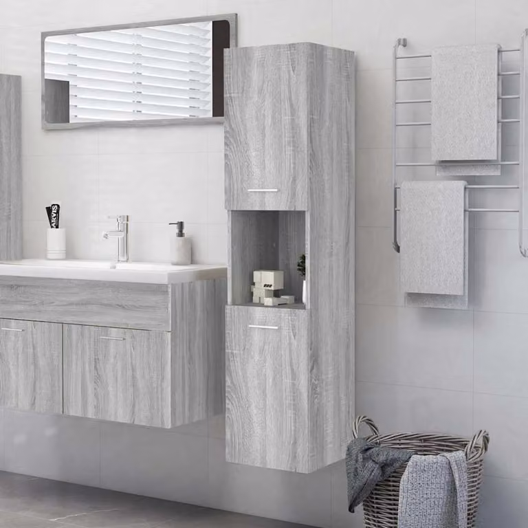Armadietto da bagno moderno vidaXL in legno multistrato e MDF, colore grigio, con ripiani interni e ante a battente, sospeso, L/P/H: 30 x 30 x 130 cm