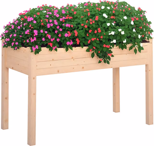 Outsunny Tavolo Porta Piante Orto Urbano Pensile in Legno Marrone con Fodera in Tessuto L: 122,5 cm, P: 56,5 cm, H: 76 cm