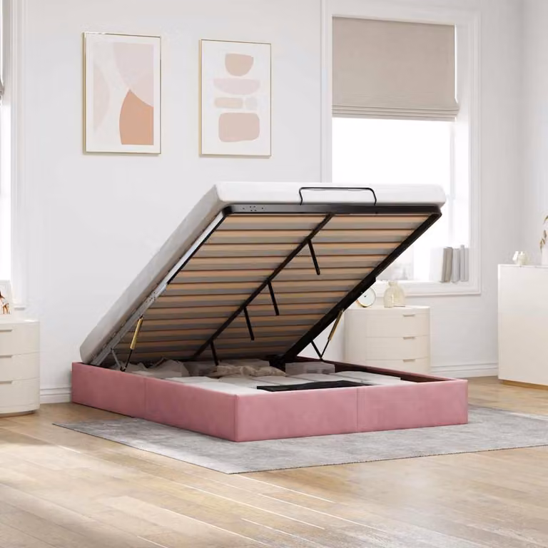 vidaXL Struttura Letto con Contenitore a Sollevamento in Velluto Rosa L: 140 cm, P: 190 cm, H: 28 cm