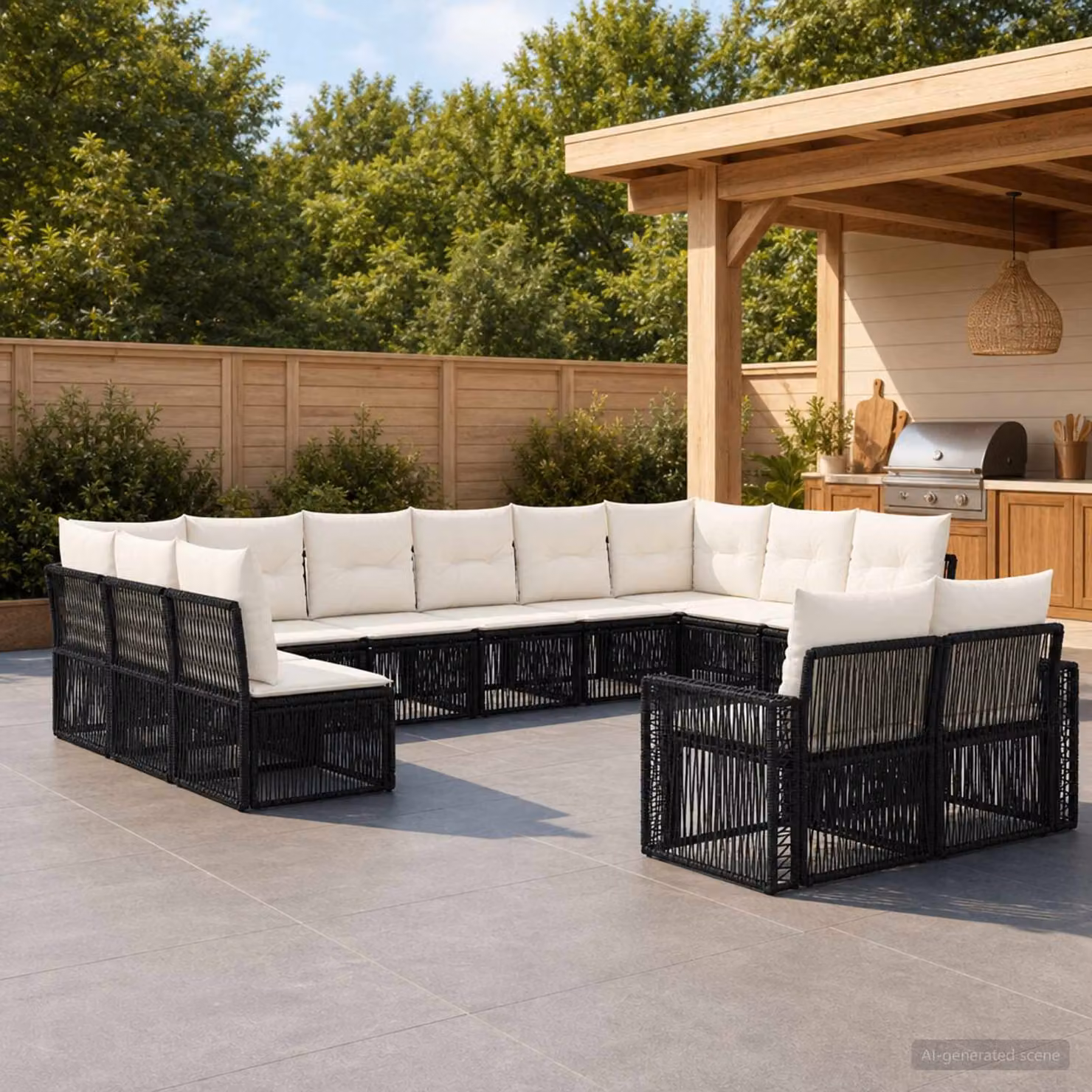 Set Divano da Giardino vidaXL a forma a U in Polyrattan con Cuscini, Nero e Bianco Crema