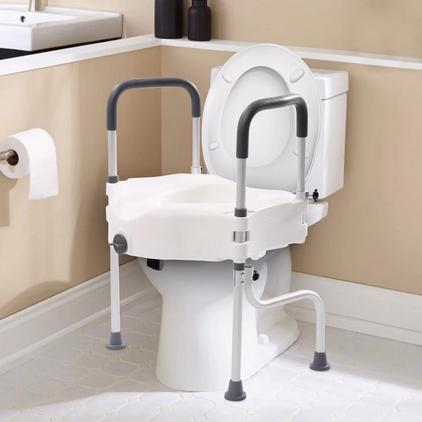Alza WC con braccioli - Rialzo per sedile del WC con supporti - Struttura di sicurezza - Adatto per anziani e persone con disabilità - Realizzato in lega di alluminio - Colore: bianco
