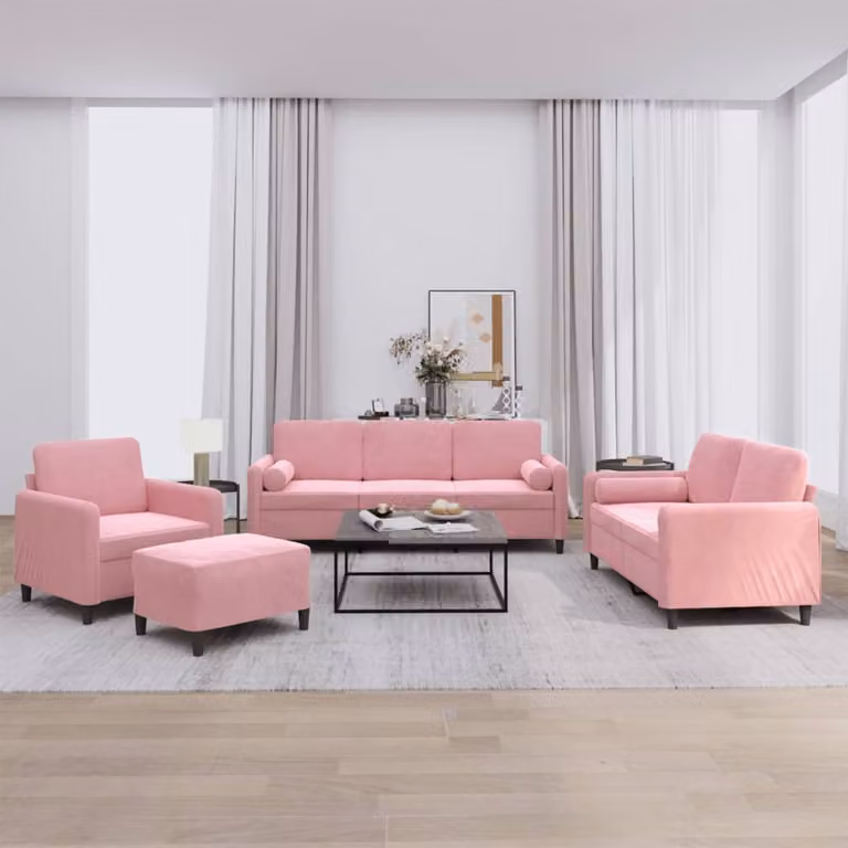 vidaXL Set di Divani 4 pz in Velluto Rosa con Cuscini e Pouf per Soggiorno