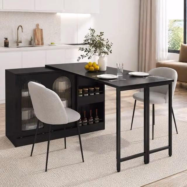 Tavolo da pranzo estensibile con piano girevole a 360° e vani contenitore, per cucina, nero, 121.5 × 40 × 76.7 cm