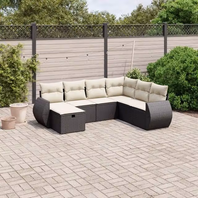 vidaXL Set Divani da Giardino a L con Cuscini 7pz Nero e Bianco in Polyrattan e Acciaio