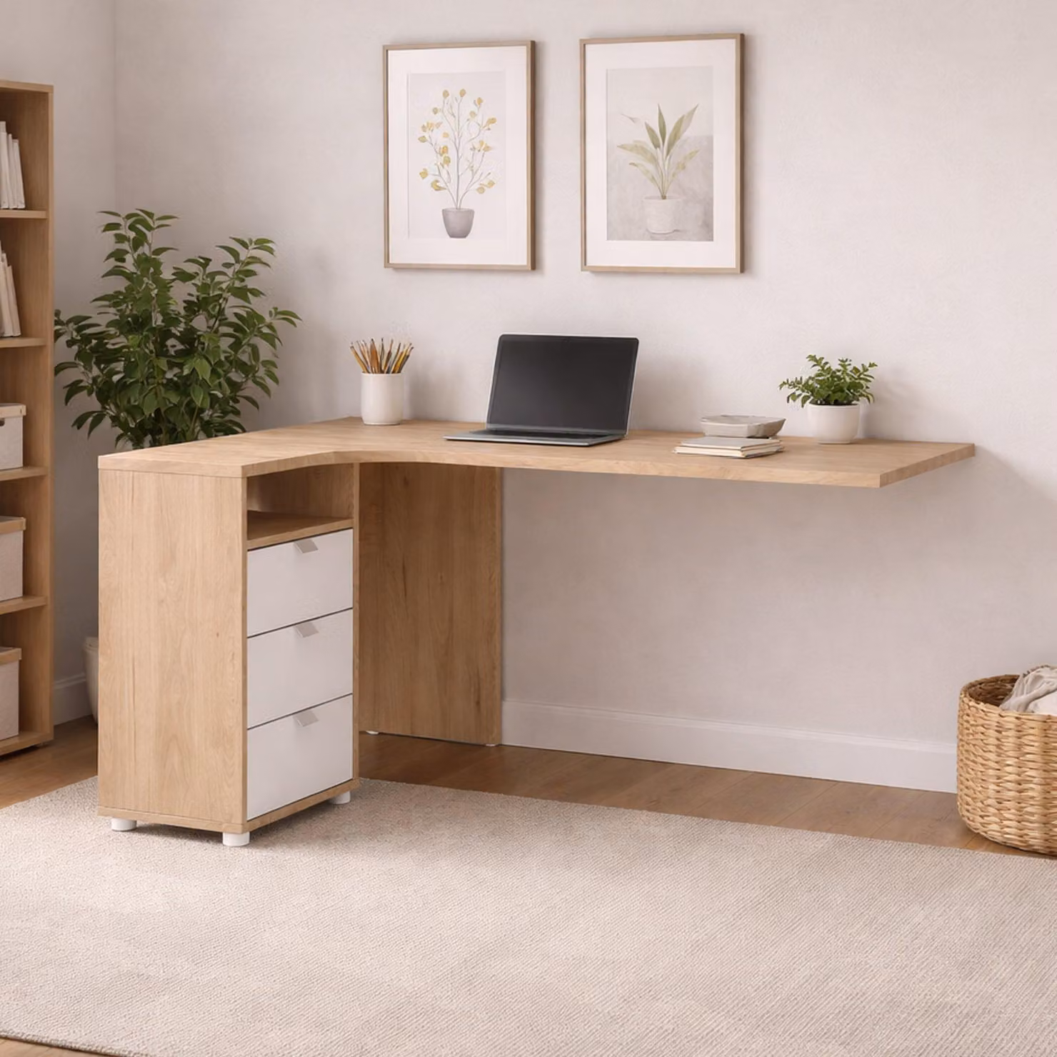 Dmora Scrivania Peipah 99.6x150x75.6h cm Bianco, 3 Cassetti Materiale Piano in Legno Nobilitato