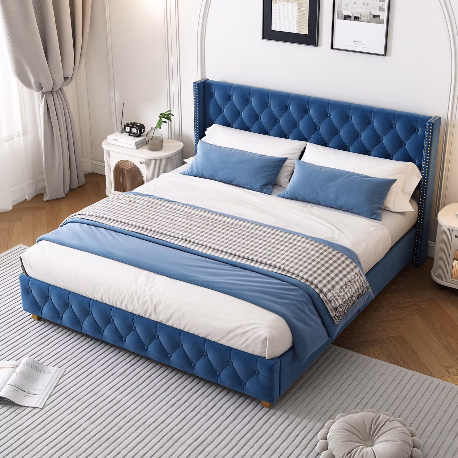 Letto imbottito Sweiko 160*200cm con rete a doghe e testata, imbottitura con bottoni, imbottitura con borchie, gambe in legno, velluto, blu
