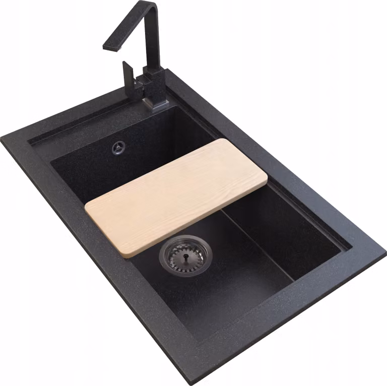 Granitan - Lavello in granito - Lavello da cucina - 69x43 cm - Nero - con sifone e tagliere - Lavello